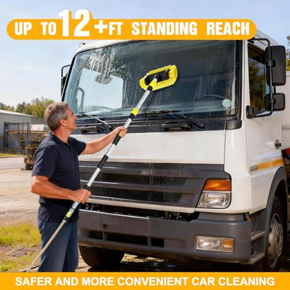 LAANPOLE 12FT Car Wash Brush with Long Handle, Car Cleaning Brush with 12 Inch Soft Bristle and Soap Dispenser, Solar Panels Cleaner with Telescoping Pole for RV, Truck, Boat, House Siding, Yellow - color: Yellow