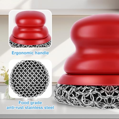 Cast Iron Scrubber and Scraper, Chain Mail Scrubber Cast Iron for Cleaning Dishes, Stock Pots, Pans, Griddles, Grills, Dish Scouring Pads - color: Red Coarse Mesh