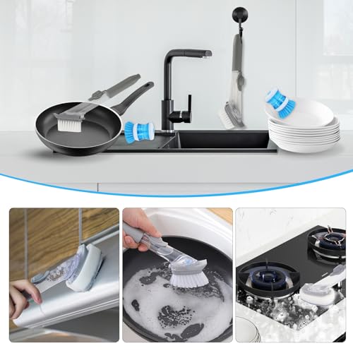 Dish Brush with Soap Dispenser Set, 3 PCS Soap Dispensing Dish Brush with 2 Sponges, Can Be Used to Wash Dishes Pots Pans Plates Cutting Boards Sinks Kitchen Utensils