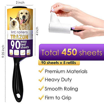 Lint Rollers Value Pack of 450 Sheets / 5 Refills, Sticky Roller, Lint Remover for Dog, Cat, Pet Hair, Lint Rollers for Clothes, Carpet, Couch, Furniture, Car Seats White