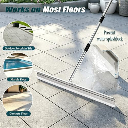 Heavy-Duty Large Floor Squeegee for Concrete, 33.4" Commercial Silicone Blade Squeegee for Floor with 63" Stainless Handle, Anti-Splash Curved Baffle for Garage, Factory, and Tough Cleaning Jobs - size: Large