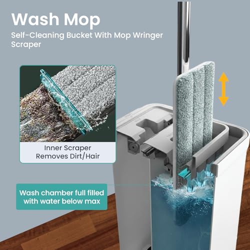VIMALIFE Mop and Bucket Set with Wringer, Self Cleaning Flat Mop and Bucket System, 2 Parts Bucket Wash & Dry System, 360° Rotating, 3 Microfiber Pads Included Ideal for Homes, Floor & Wall Ceilings