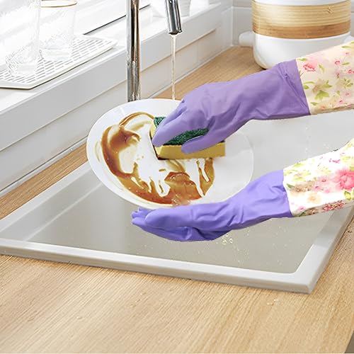 KINGFINGER Dishwashing Cleaning Gloves, 2 Pairs Reusable Rubber Gloves PVC Latex-Free Waterproof Long Cuff and Flock Lining Household Cleaning Glove(Blue + Purple) - color: Blue+purple