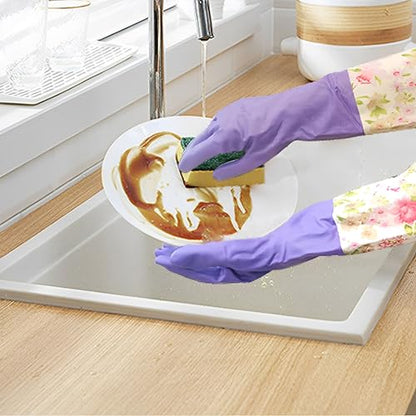 KINGFINGER Dishwashing Cleaning Gloves, 2 Pairs Reusable Rubber Gloves PVC Latex-Free Waterproof Long Cuff and Flock Lining Household Cleaning Glove(Blue + Purple) - color: Blue+purple