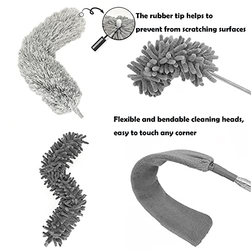 5-in-1 Microfiber Duster with Extension Pole (30-100") Kit for High Ceiling, Fan, Cobweb, Blind & Furniture, Bendable Washable Heads, Reusable Dusters for Cleaning