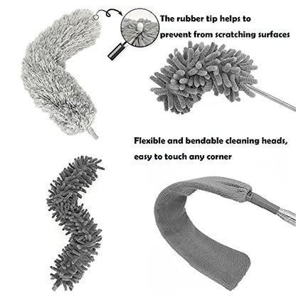 5-in-1 Microfiber Duster with Extension Pole (30-100") Kit for High Ceiling, Fan, Cobweb, Blind & Furniture, Bendable Washable Heads, Reusable Dusters for Cleaning