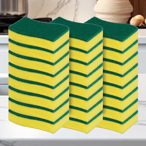 24PK Sponges Kitchen, Heavy Duty for Dishes, Scrub Cleaning Sponge for Non-Coated Cookware, Pots, Pans, Dual Sided Dish Sponge for Kitchen Household