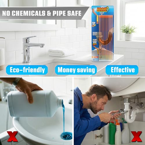 FlexiSnake Drain Weasel Sink Snake Hair Clog Remover Tool, Sink, Pipe, Bathroom, Bathtub Drain Cleaner, 18-inch Long, Flexible, Made in The USA, 10 Pack Wand Refills and Removable Handle