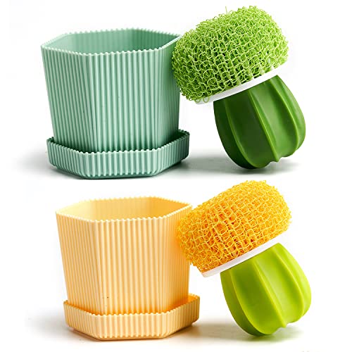 Cactus Dish Scrub Brushes Set of 6 Replacement Brushes, Green and Yellow, for Cleaning Dishes, Pans, Pots, Sink, Countertop, Bathtub - color: Green and Yellow