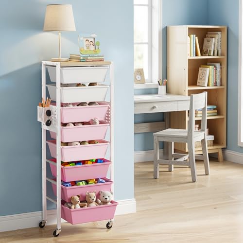 Rolling Cart with Drawers, Rolling Storage Cart with Large Plastic Drawers & Wooden Tabletop, Utility Cart with Pegboards & Basket, Storage Drawers Cart for Living Room, Classroom, Bedroom, Office - color: Pink, size: 8 Drawers