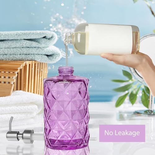 12Oz Purple Soap Dispenser Bathroom - 2 Pack, Clear Glass Hand Soap Dispensers with Stainless Steel Pump, Refillable Dish Soap Dispenser for Kitchen, Countertop Soap Dispensers - color: Diamond Purple（2-pack）