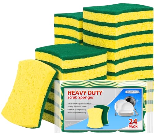 Heavy Duty Scrub Sponge 24 Pack, Eco Cellulose Kitchen Dish Sponge Multipurpose Ergonomic for Washing Dishes, Uncoated Cookware & Household Cleaning. - color: Green/Yellow, size: 24 Pack