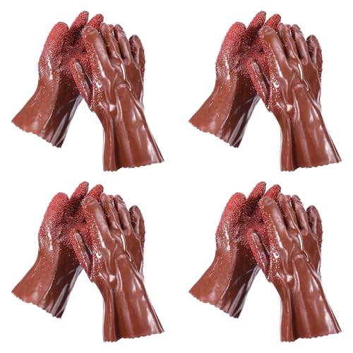 XIHIRCD 4 Pairs Sewer Gloves, Anti-Slip PVC Plumbing Gloves Abrasion Resistant Snake Gloves Waterproof Drain Cleaning Gloves for Women Men Plumber Accessories (Brown)