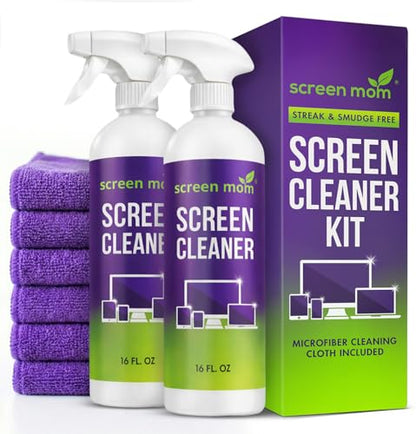 Screen Mom Ultimate Screen Cleaning Kit - 2 Pcs 16oz TV Screen Cleaner Spray and 6 Pcs Microfiber Cloths TV Cleaner Spray and Cloth, Laptop, Phone, iPad, Car and Computer Cleaning Kit Electronic