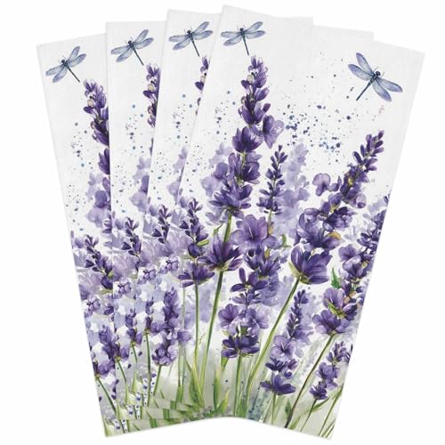 Lavender Dragonfly Flower Kitchen Dish Towels Set of 4, Soft Lightweight Microfiber Absorbent Hand Towel Purple Plant Tea Towel for Kitchen Bathroom 18x28in - size: 4PCS-18x28in(45x75cm)