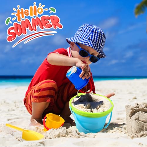 Realspring 3 Pcs Summer Foldable Pail Bucket with Shovels 2.5 L Collapsible Sand Bucket Foldable Beach Toys for Beach Party Outdoor Activity (Classic Color)