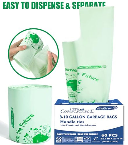 BEIDOU-PAC 8-10 Gallon Compostable Trash Bags, 60 Count - Ideal for Kitchen & Food Scrap Waste, US BPI Certified to ASTM D6400 Standard - style: Handle | 8-10 Gallon | 60 Count