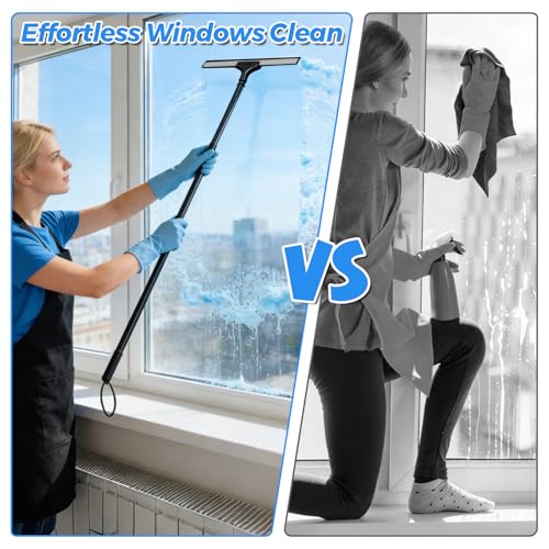 Tiiyee Window Squeegee for Home, 2 in 1 Window Washing kit with 57" Extension Pole Telescopic Shower Door Cleaner Tool Car Windshield Cleaning Long Handle for Glass Doors Floor Tile Wall 14 inch Wide
