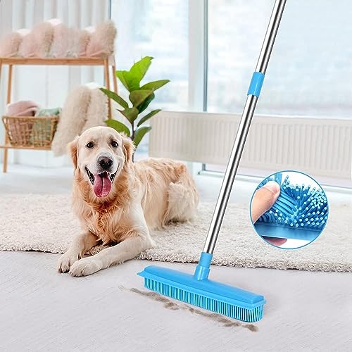 Landhope Fur Remover Broom, Rubber Broom with Squeegee Long Handle, 50 inches Sweeping Rug Brush Clean Carpet Windows Wooden Floor Sofa Bathroom Rugs Car Floor No Scratch - color: Blue Broom and Brush