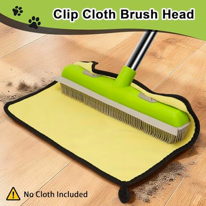 Pet Hair Removal Rubber Broom, Carpet rake with Squeegee for Cleaning Pet Hair, 52 inch Long Handle Rubber Broom,Dual-Sided for Fluff Carpet, Hardwood Floor, Tile,Green