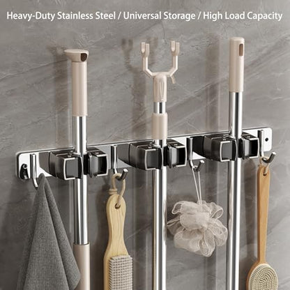 Wall-Mounted Broom Holder Stainless Steel Mop Storage Rack Laundry Room Storage Solution Suitable for Kitchens, Gardens,Garages (Option A: 5 clips with 6 hooks) - color: Option A: 5 clips with 6 hooks