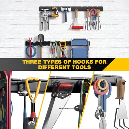 Garage Tool Organizer Wall Mount with 96 inches Rails and 13 Adjustable Heavy-Duty Hooks, Garden Tool Organizer, 19 Pack Carries 820 lbs, Heavy Duty Garage Storage Rack For Yard, Shed, Easy to install - size: 96 inch with 6 Panels & 13 Hooks