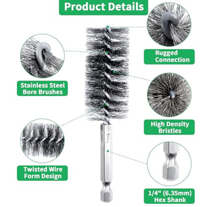 Wayona 20PCS Hand-Twisted Stainless Steel Bore Brush Set & Deep Reaching Wire Brush, 1/4" Hex Shank Drill Attachment for Rust Removal and Cleaning (8,10,13,15,17,19,22,25,28,30mm, Each Size 2Pcs)