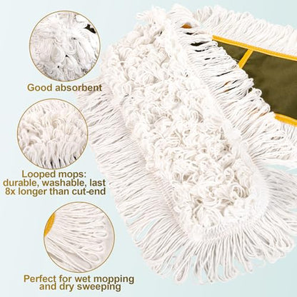 4-Pack 36'' Universal Microfiber and Cotton Mop Pads – Loop End - Easy Zipper - Compatible with Industrial Dust Mops – Reusable Replacement Heads for Commercial Floor Cleaning & Janitorial Supplies