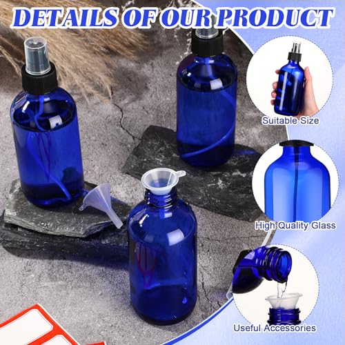 Norme 12 Pcs 8 oz Glass Spray Bottles with Funnels and Labels Refillable Cosmetic Empty Spray Bottles with Sprayer Containers for Essential Oil Cleaning Solutions(Blue,Stylish) - color: Blue, style: Stylish