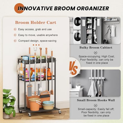 Broom Holder with Cleaning Supplies Organizer, Broom Closet Storage Cabinet with Mop Hanger Gripper Rack Hooks, Cleaning Housekeeping Janitorial Cart with Cleaning Caddy, Laundry Room Organization - size: Regular