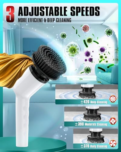 Electric Spin Scrubber, 2024 Upgrade Cordless Shower Scrubber with Power Display Screen Extension Handle, 8 Brush Heads 3 Adjustable Speeds 420 RPM, Power Cleaning Brush for Bathroom Tub Grout Bathtub