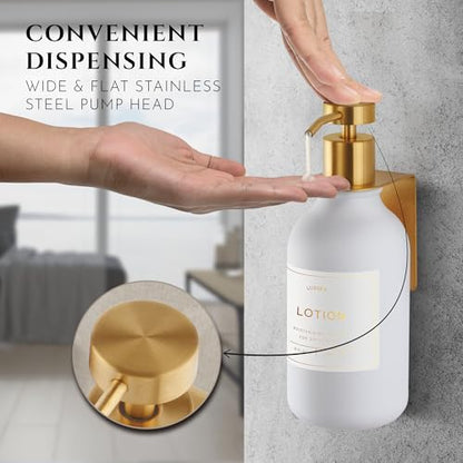 Shower Shampoo Dispenser Wall Mounted – 3 Refillable 16.9 oz White Bottles with Stainless Steel Pumps & No-Drill Adhesive Holders – Soap Dispenser Set for Bathroom (3 X White/Gold) - color: 3 X White/Gold
