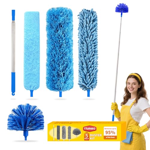 Tiumso 5-in-1 Microfiber Duster Kit with 100” Extension Pole – Reinforced Stainless Steel Telescopic Handle for High Ceiling Fans, Cobwebs & Vents – Multi-Head Dusters for Cleaning with Anti-Spin Pole - color: Sky Blue