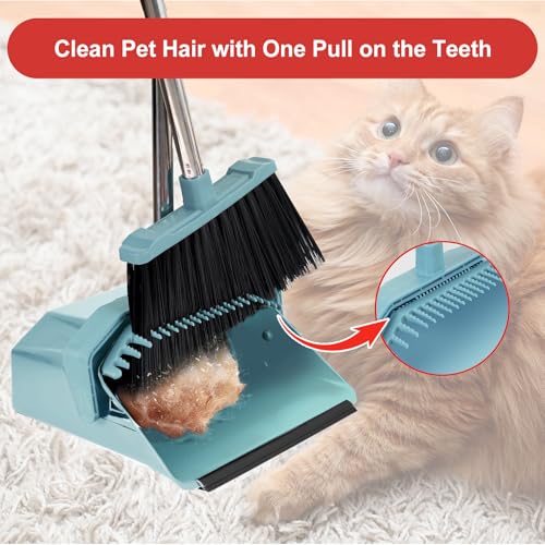 Tiumso Upgrade Broom and Dustpan Set, Broom with Dustpan Combo Sets, Large Brooms and Dust Pan with Handle, Self-Cleaning Dust Pans, Heavy Duty Broom and Dustpans Set for Lobby Kitchen Office - Green - color: Green