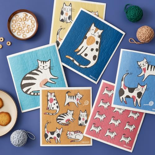 RECYCO Swedish Dishcloths for Kitchen | 6 Pack Cuddly Cats Washable Dish Rags | Cellulose Reusable Cleaning Paper Towels | Absorbent Counter Dish Cloth Sponge Kitchen Wipes, 8" L x 7" W - color: Cuddly Cats - 6 Pack