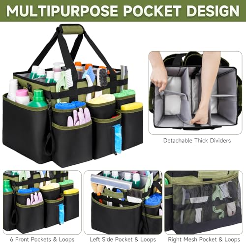 Large Rolling Cleaning Caddy Bag with Detachable Trolley,Cleaning Cart on Wheels with Shoulder Strap,Cleaning Supplies Organizer for Housekeepers,Green - color: Green