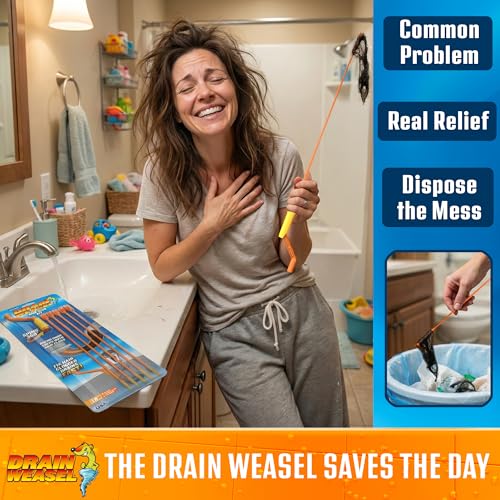FlexiSnake Drain Weasel Sink Snake Hair Clog Remover Tool, Sink, Pipe, Bathroom, Bathtub Drain Cleaner, 18-inch Long, Flexible, Made in The USA, 10 Pack Wand Refills and Removable Handle