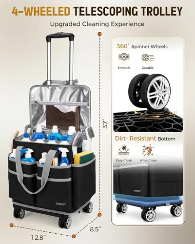 Ytonet Wearable Rolling Cleaning Caddy Bag with Cleaning Apron, Large Cleaning Caddy with 4 Spinner Wheels, Detachable Trolley Portable Cleaning Supplies Organizer Cart for Housekeepers, Utility Bag - color: Black
