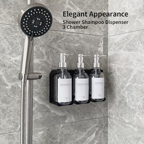 Shampoo and Conditioner Dispenser, Shower Soap Dispenser with 16 Waterproof Labels, Shampoo Dispenser for Shower Wall, Shower Dispenser 3 Chamber No Drill, 17oz, Clear - color: Clear Bottle + Silver Pump