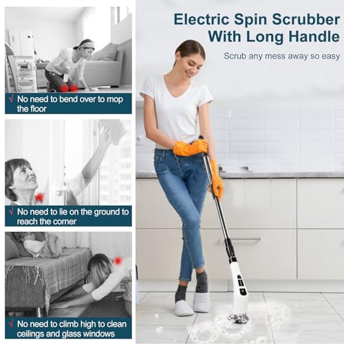 Electric Spin Scrubber with 7 Replaceable Brush Head，Shower Scrubber with Long Handle,7 in 1 Cordless Cleaning Brush，Power Shower Scrubber for Bathroom, Tub, Tile, Floor, Kitchen, Window,Black