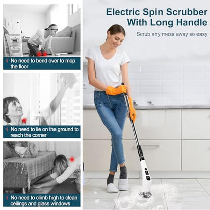 Electric Spin Scrubber with 7 Replaceable Brush Head，Shower Scrubber with Long Handle,7 in 1 Cordless Cleaning Brush，Power Shower Scrubber for Bathroom, Tub, Tile, Floor, Kitchen, Window,Black