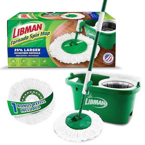 Libman Tornado Spin Mop System and 1 Refill, Mop and Bucket with Wringer Set for Hardwood Floor Cleaning, 2 Total Heads Included - style: Spin Mop Plus 1 Refill