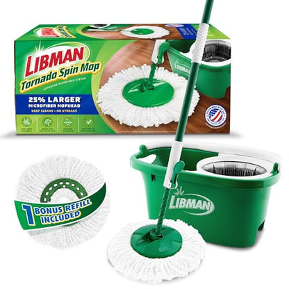 Libman Tornado Spin Mop System and 1 Refill, Mop and Bucket with Wringer Set for Hardwood Floor Cleaning, 2 Total Heads Included - style: Spin Mop Plus 1 Refill