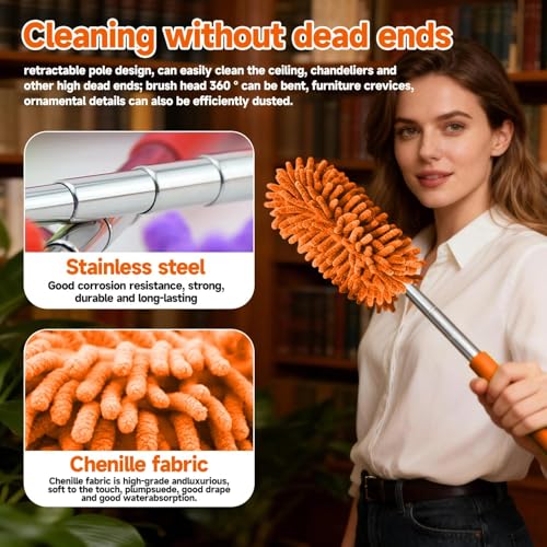 Extendable Microfiber Duster, Telescoping Dusting Brush for Home and Car Cleaning, Adjustable Length, Soft and Flexible - color: Elongated Orange