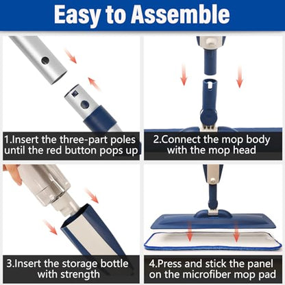 Spray Mop for Floor Cleaning, 2 Pack with Refillable Bottles & Pads | Blue combo, refillable 14 oz bottles, 6 washable microfiber pads, wet/dry use for hardwood, tile, laminate, home & commercial - color: Blue&blue