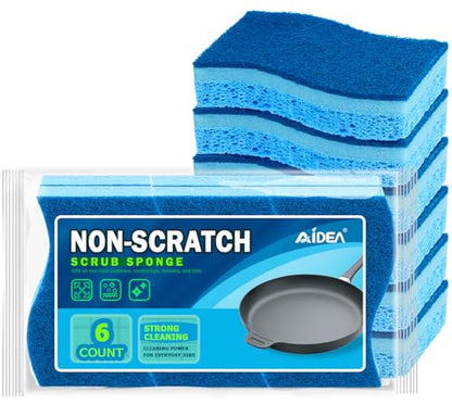 AIDEA Sponges Kitchen, Non-Scratch Scrub Sponge, 6Count, Sponges for Non-Stick Cookware, Kitchen Sponge for Dishes, Cleans Fast Without Scratching, Cleaning Power for Kitchen, Bathroom, Household - color: Light-blue