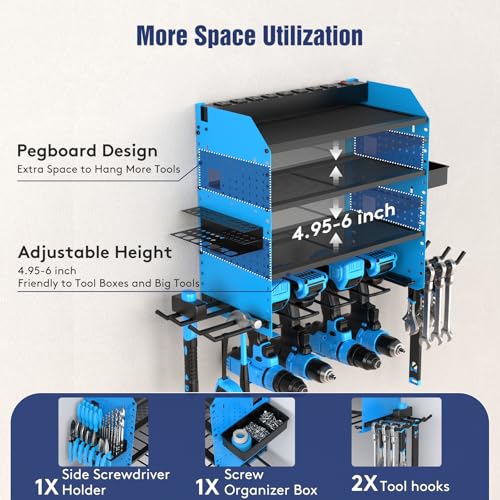 Heavy Duty Power Tool Organizer Wall Mount with Charging Station, 4 Layer Garage Storage Adjustable Shelves Height, Holds 4 Drills, 2 Hooks, Screw & Screwdriver box, Gifts for Fathers Day, Anniversary - color: Blue