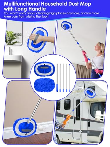 2 in 1 Lightweight Wall Cleaner Mop with Long Handle 75" 190cm Lint-Free Duster Cleaning Tool 2 Replacement Microfiber Chenille Pads for Kitchen Baseboard Ceiling Floor Window Door Scrubber Brush,Blue - color: Blue