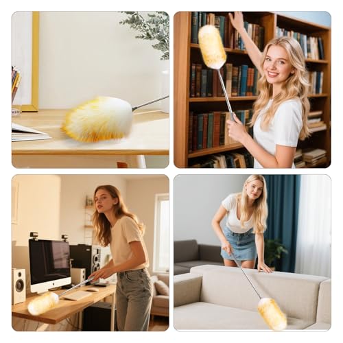 Mini Feathers Duster,Telescoping Lambswool Dusters with Stainless Steel Extension Pole Up to 34" for Cleaning High Ceiling Fan, High Ceilings,Furniture,Hard to Reach Areas - size: 14-34inch
