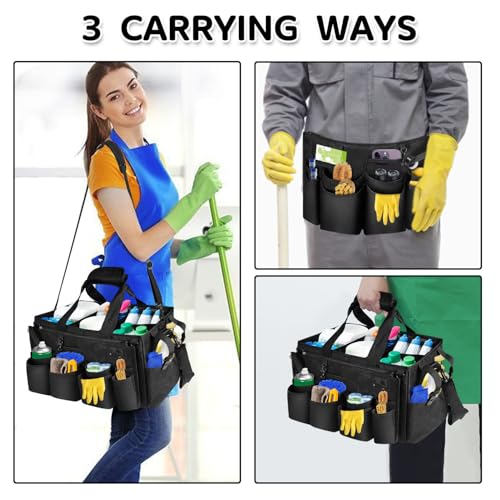 Boczif Cleaning Caddy Bag Wearable, Cleaning Caddy Supplies Organizer with Handle, Shoulder Straps & Detachable Divide, Cleaning Tool Organizers Tote Bag for Cleaners & Housekeepers（Black） - color: Black